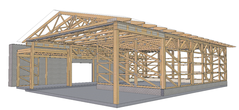 Holzhalle mit Nagelplattenbinder